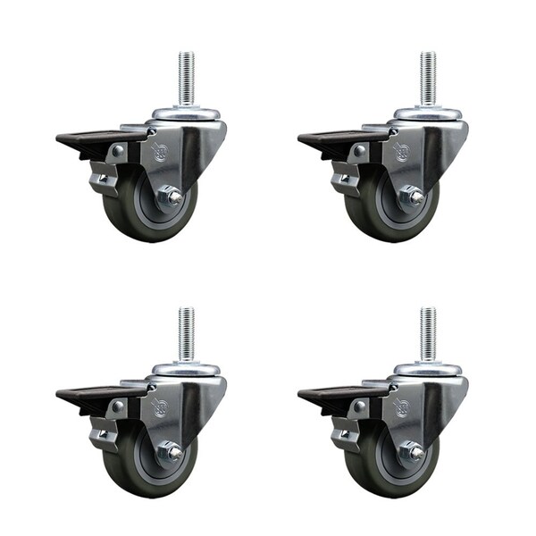 3 Inch Gray Polyurethane Wheel Swivel 58 Inch Threaded Stem Caster Set with Brake SCC